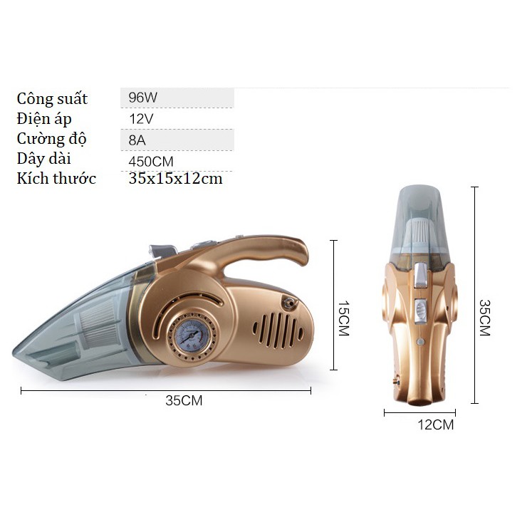 Máy hút bụi kiêm bơm lốp cầm tay 4 trong 1 có đèn pin đo áp suất có thể hút cả khô và ướt điện 12v xe hơi ô tô