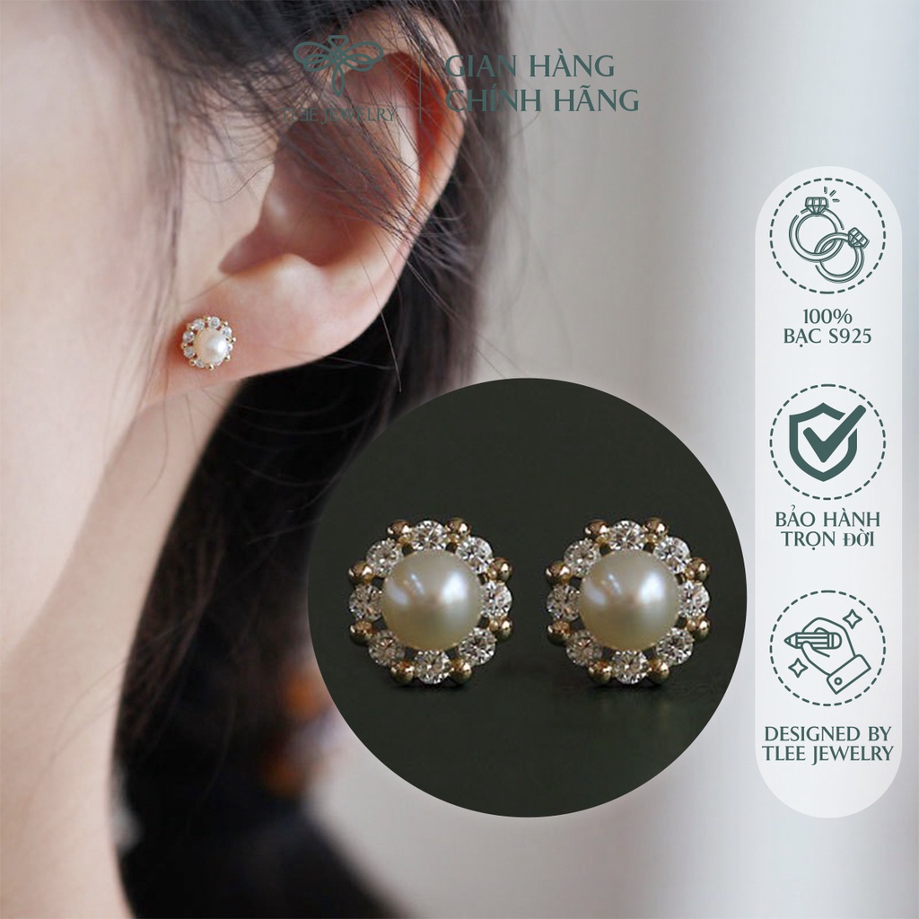 Khuyên tai bạc nữ TLEE trai viền hoa đính đá sang trọng NCJ B0132