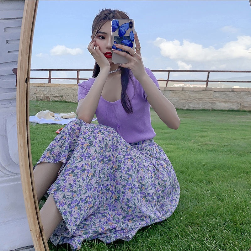 Chân váy midi IELGY lưng cao họa tiết hoa màu tím thời trang mùa hè cho nữ