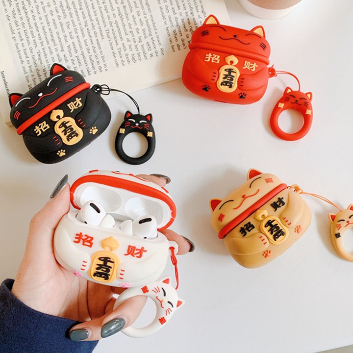 Case bao airpod silicon 1 2 PRO 3 MÈO THẦN TÀI MANG MAY MẮN tặng kèm móc sắt