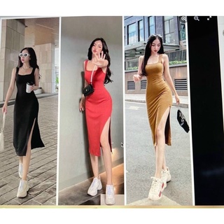 Đầm ôm body 2 dây bản lớn xẻ tà tôn dáng
