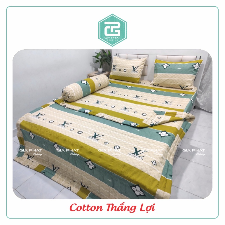 Bộ ga gối Thắng Lợi {4 món}100% Cotton chuẩn logo họa tiết LV