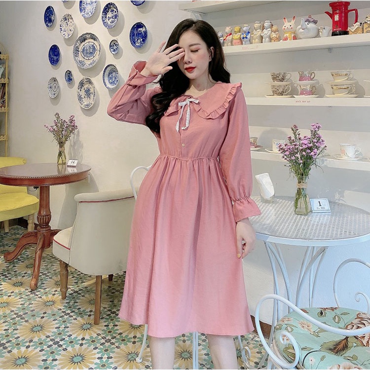 Đầm suông dài tay cổ bèo Váy dáng dài thắt eo tay bo siêu xinh | BigBuy360 - bigbuy360.vn