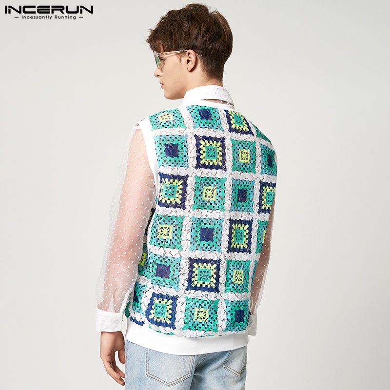 Áo tank top INCERUN không tay cổ chữ V phối ren hoa phong cách hippie sáng tạo dành cho nam giới