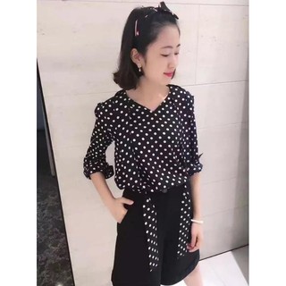 áo sơ mi chấm bi buộc nơ