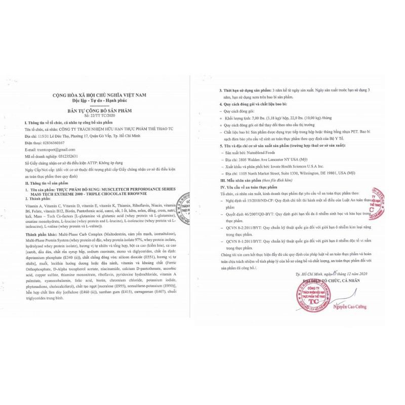 Sữa Tăng cân tăng cơ MuscleTech Mass Tech Extreme 2000  3,2kg