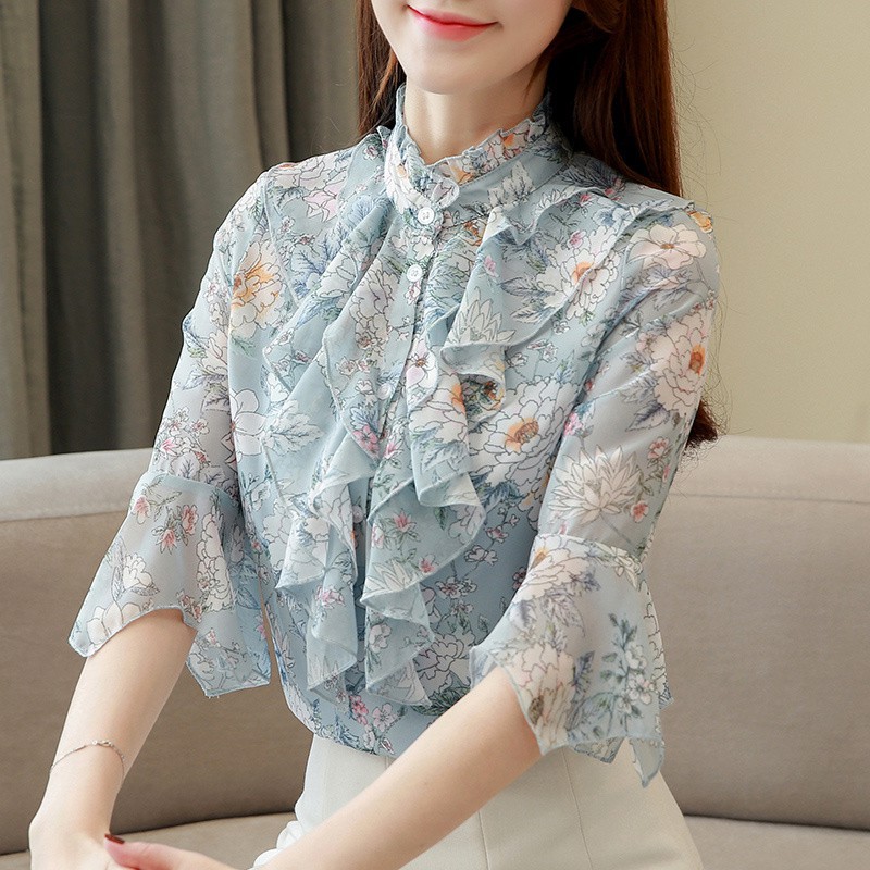 Áo voan hoa vintage cổ bèo tay loe dịu dàng (40kg-60kg) (Hàng oder chuẩn hình 100%)