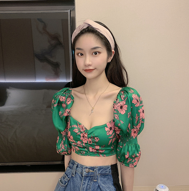 DUNEA Áo kiểu cổ vuông họa tiết hoa phong cách retro gợi cảm thời trang cho nữ