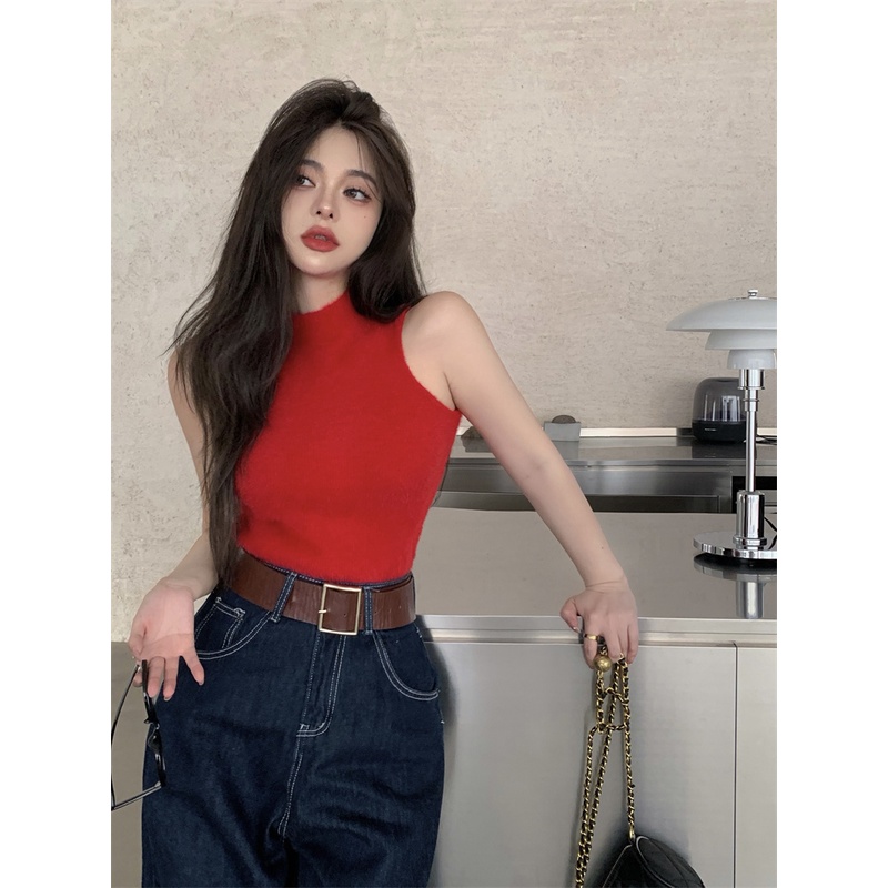 Áo Croptop Dệt Kim Sát Nách Cổ Lọ Thiết Kế Quyến Rũ