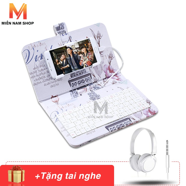 Bao da kiêm bàn phím cho điện thoại - máy tính bảng 4.5 - 8 inch (Hình Tháp) + Tai nghe Biro có thể gấp gọn