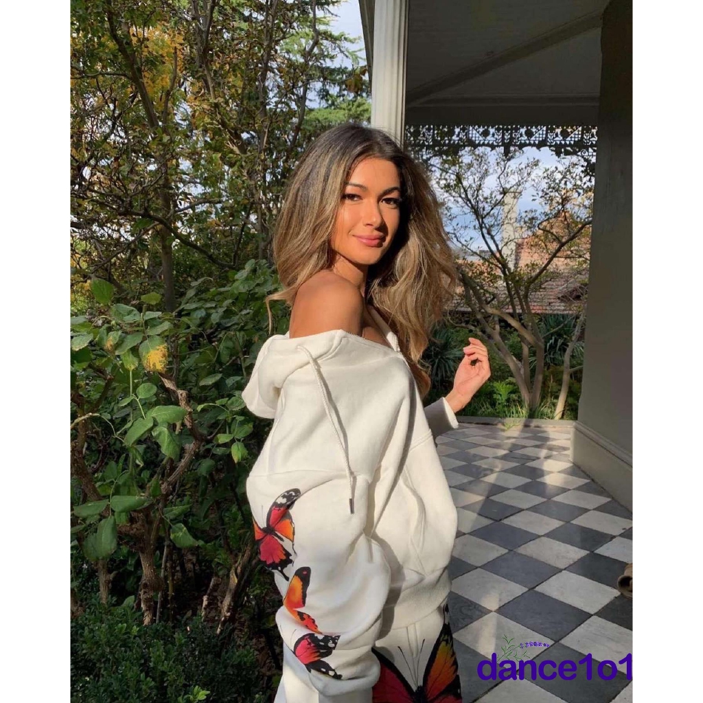 Set Áo Khoác Hoodie Và Quần Dài Thể Thao In Hình Bướm Cho Nữ