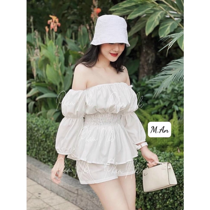 Set bộ đồ nữ áo trễ vai bánh bèo tiếu thư kèm quần short.