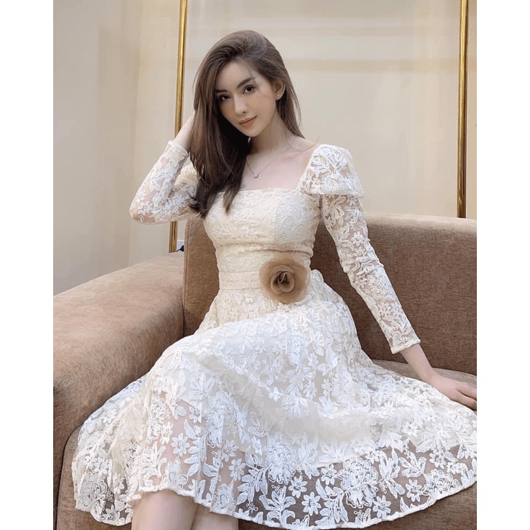 (Free ship) Mẫu HOT Đầm Ren Tay Dài Có Đính Bông Mặc Đi Tiệc Đi Chơi Siêu Bắt Mắt UP HHP Fashion