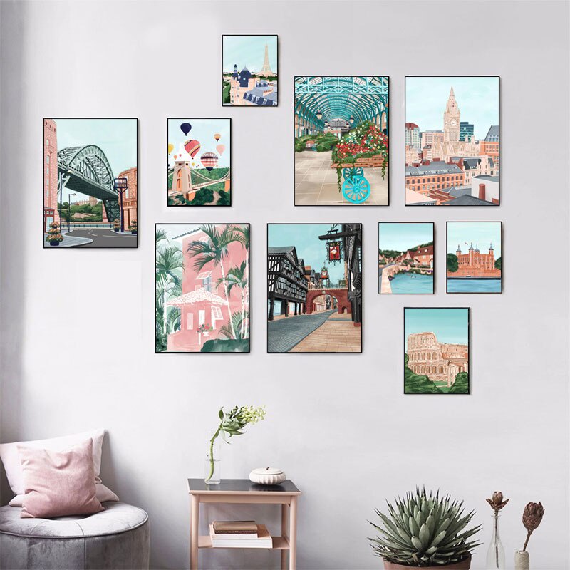 Tranh vải bạt treo tường in hình thành phố paris/tokyo/khác nhiều màu sắc trang trí nhà cửa