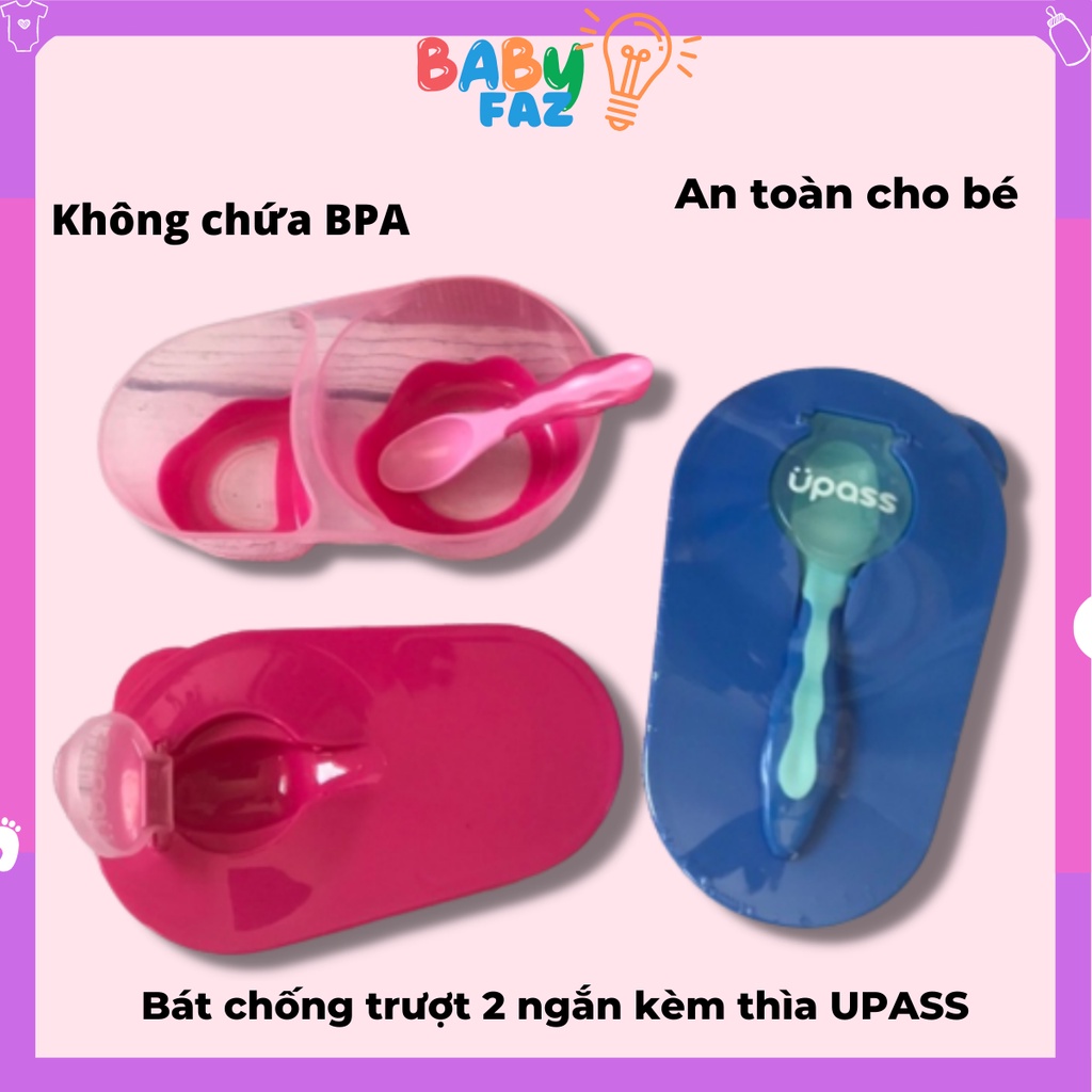 Bát ăn dặm cho bé chống trượt 2 ngăn có nắp đậy và thìa ăn dặm cho bé Upass UP5046N