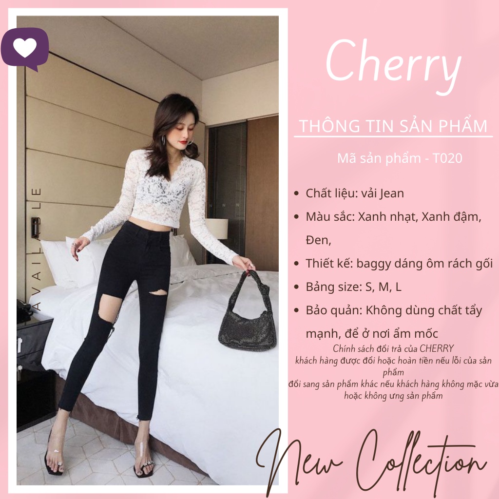 Quần jean nữ lưng cao rách gối co giãn CHERRY, quần bò nữ cạp cao rách gối dáng ôm chất jeans đẹp cao cấp T020 | WebRaoVat - webraovat.net.vn