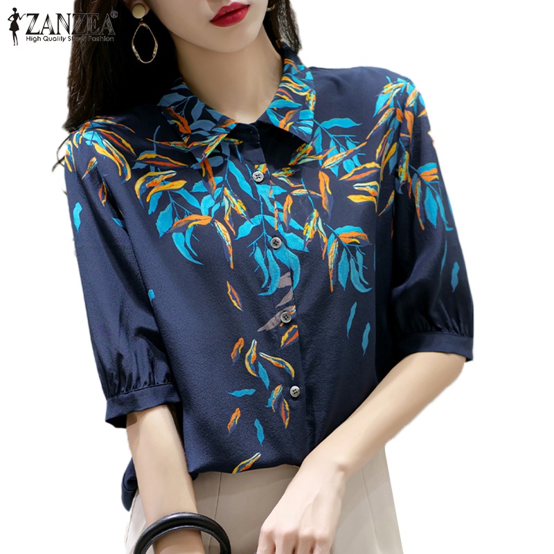 Áo sơ mi ZANZEA tay lửng cổ bẻ in họa tiết thanh lịch thời trang dành cho nữ