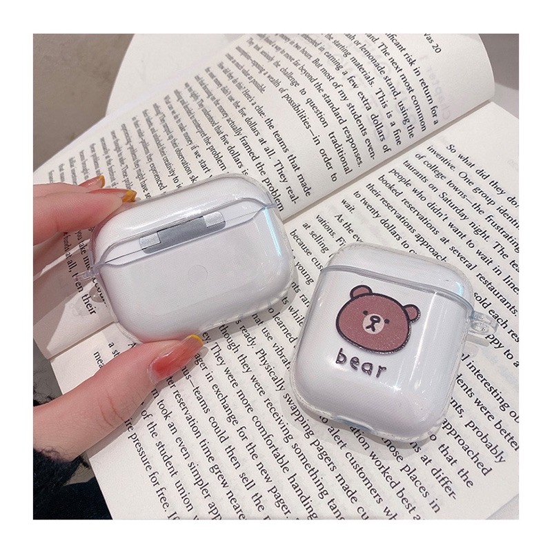 Vỏ case gấu nâu bảo vệ bao đựng tai nghe airpods 1 2 PRO trong suốt in hình