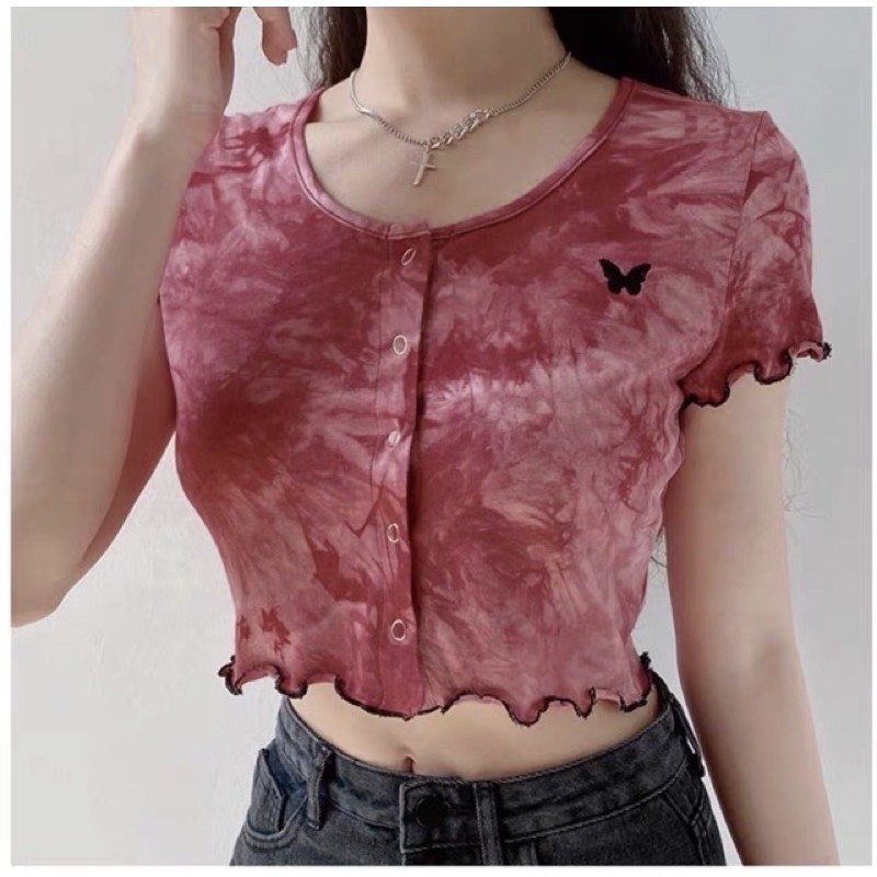 Áo Croptop Body Cổ Tròn Tay Ngắn Cúc Bấm Loang Màu Thêu Bướm  A5086