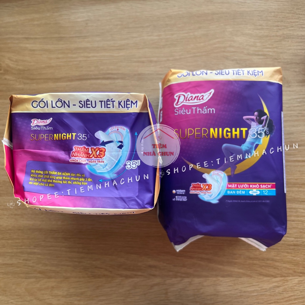 Gói 12 Miếng Băng Vệ Sinh Diana Super Night Siêu Thấm Có Cánh siêu tiết kiệm HÀNG CHÍNH HÃNG
