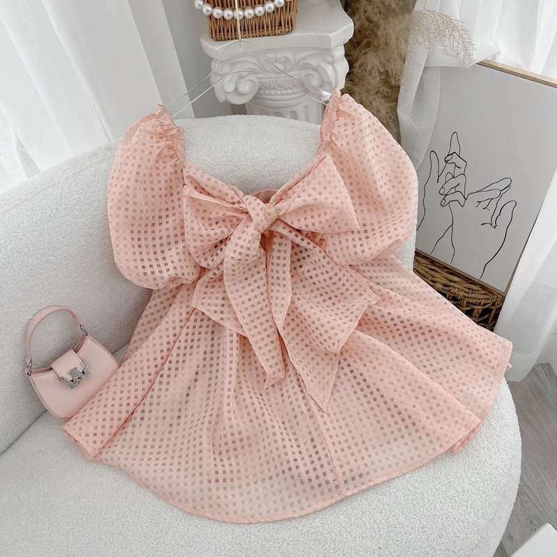 Set áo babydoll bbd kẻ ô tay bồng nơ lưng với quần ngắn