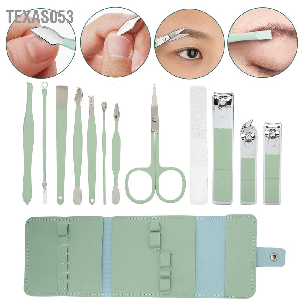 Texas053 12 cái Bộ làm móng tay bằng thép không gỉ chân con dao kéo lông mày Earpick Nail Clipper Set (Mint Green)