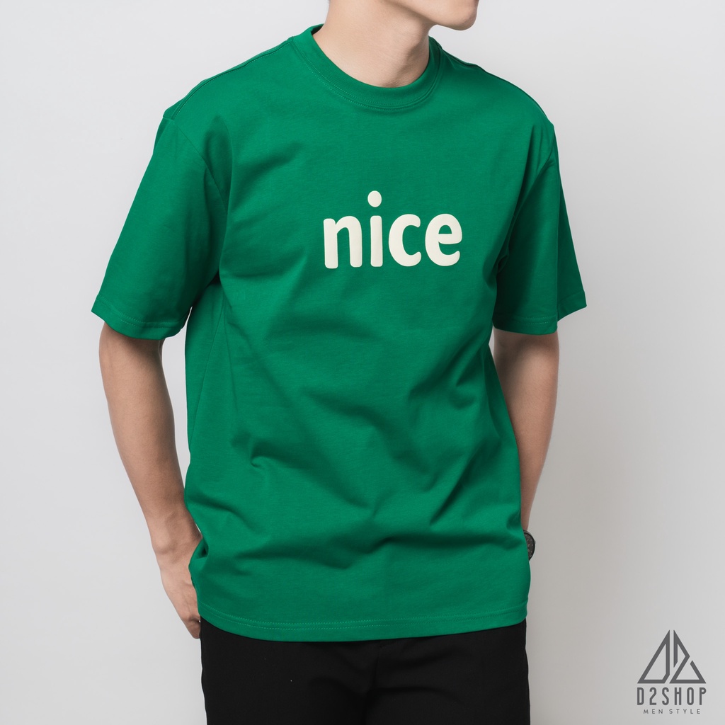 Áo thun nam D2shop, áo thun cổ tròn in ngực NICE, màu xanh lá