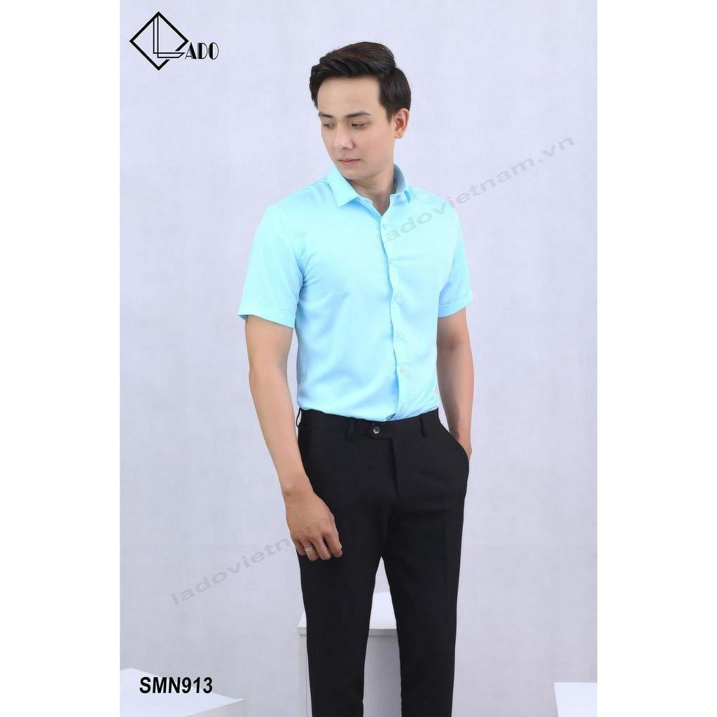 Áo sơ mi trơn ngắn tay màu xanh ngọc co dãn nhẹ LADO 913