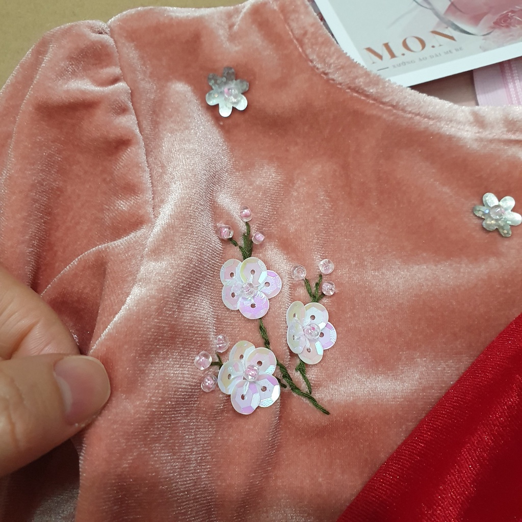 Áo Dài Nhung Cho Gái Hoa Xuân Hoa Kết Nổi Set 3 Chi Tiết