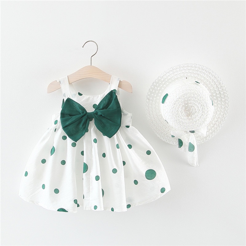 Set đầm công chúa 2 dây không tay in họa tiết chấm bi + mũ dễ thương thời trang mùa hè dành cho bé gái