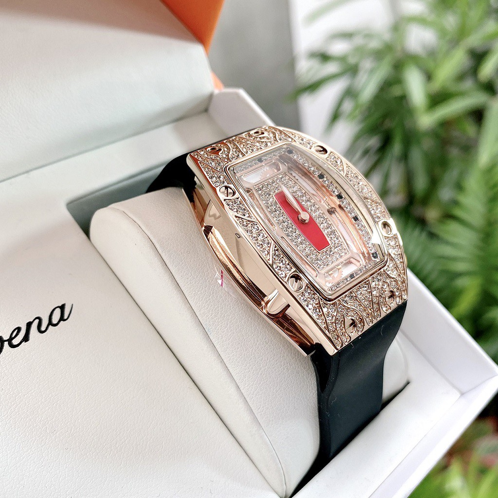 Đồng Hồ Nữ Davena Dây Silicon Đen Mặt Hoa Văn Đính Đá Rose Gold D31995 36mm Chính Hãng