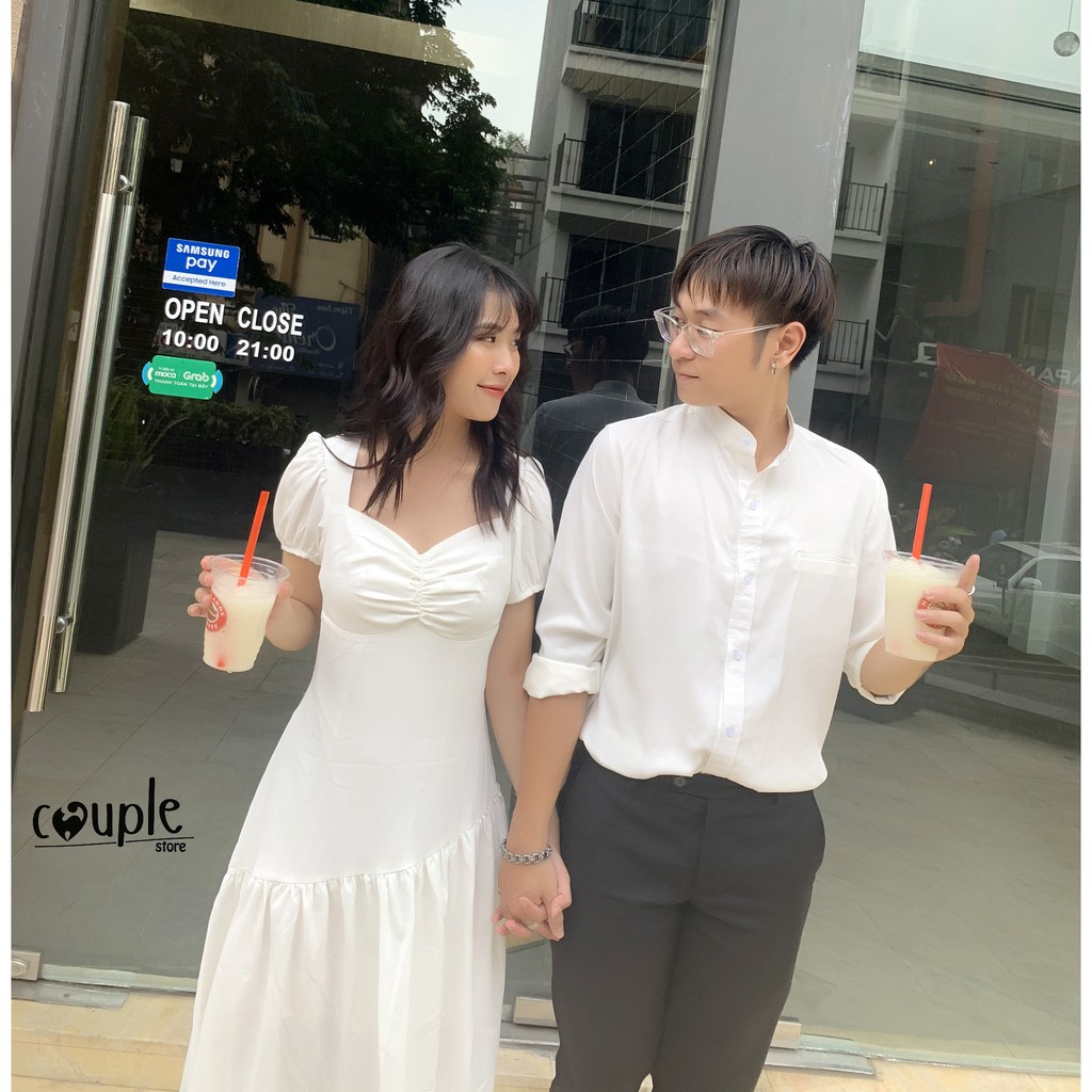 SET ĐỒ ĐÔI ÁO SƠ MI NAM - VÁY NỮ TRƯỢT TRẮNG
