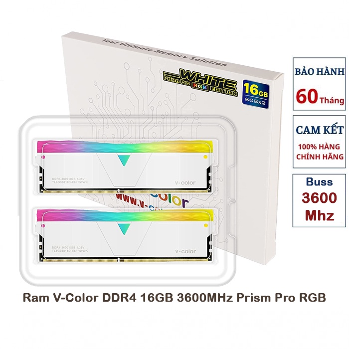 [Mã BMBAU300 giảm 10% đơn 499K] Ram V-Color DDR4 16GB(2x8G) 3600MHz Prism Pro RGB - Màu Trắng