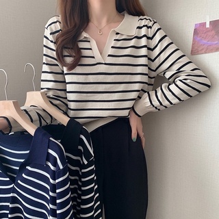 áo len kẻ dài tay cổ bẻ