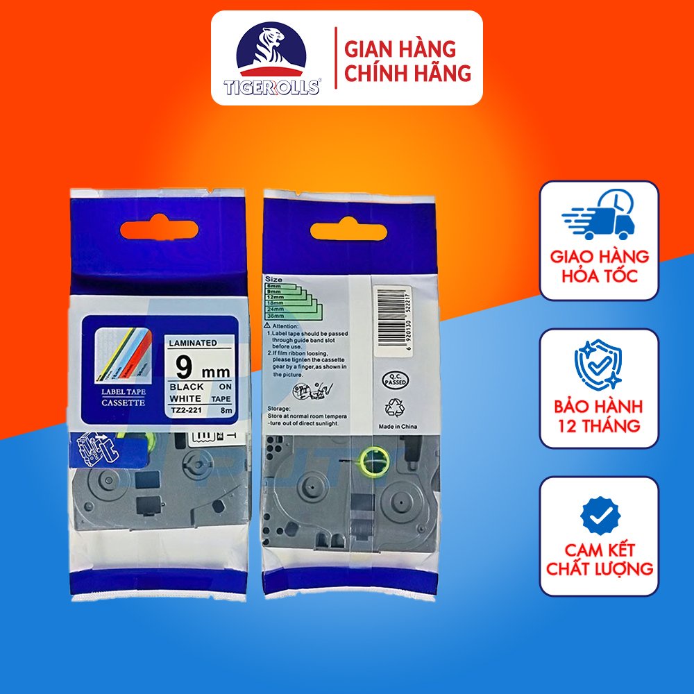 Nhãn in Tiger TZ2-221 khổ 9mmx8m chữ đen nền trắng, đa lớp, bám dính cao - TGITZ2-221