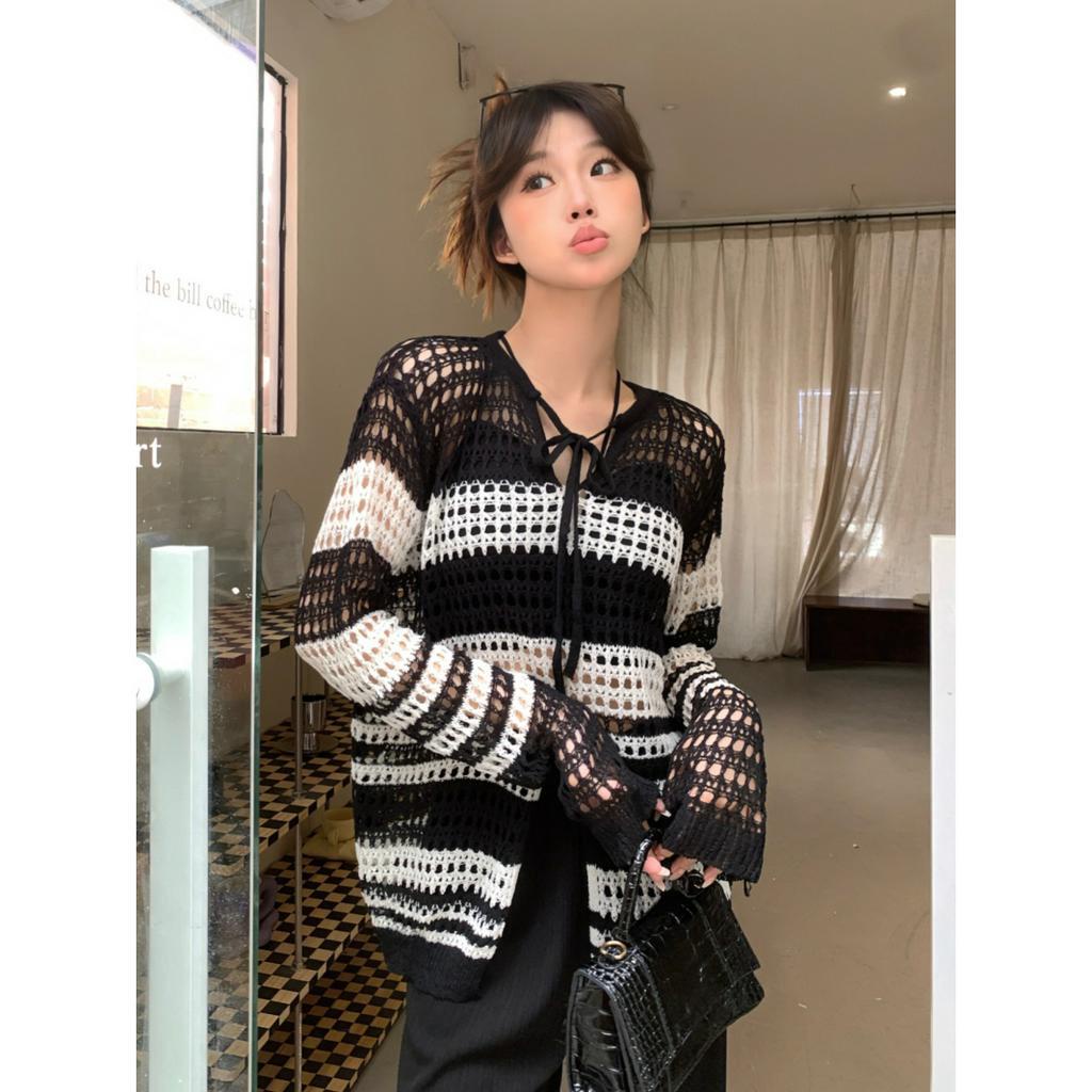 Áo Dệt Kim Tay Dài Dáng Rộng Họa Tiết Kẻ Sọc Thời Trang Cho Nữ