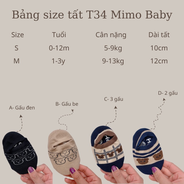 Tất vớ cổ ngắn chống trơn trượt in hình gấu dễ thương cho bé T34 Mimo Baby