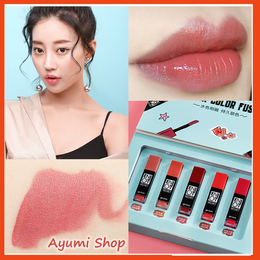 Bộ son kem lì 5 cây cực kì HOT, đẹp, trẻ trung, năng động, cùng Quà tặng 1 móc khóa Trà sữa