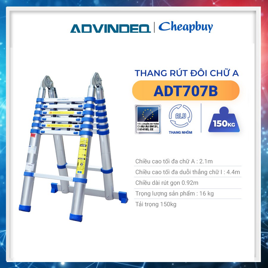 Thang nhôm rút gọn (chữ A) Advindeq ADT707B Blue (cao chữ A 2,1m, chữ I 4,4m) bảo hành 24 tháng