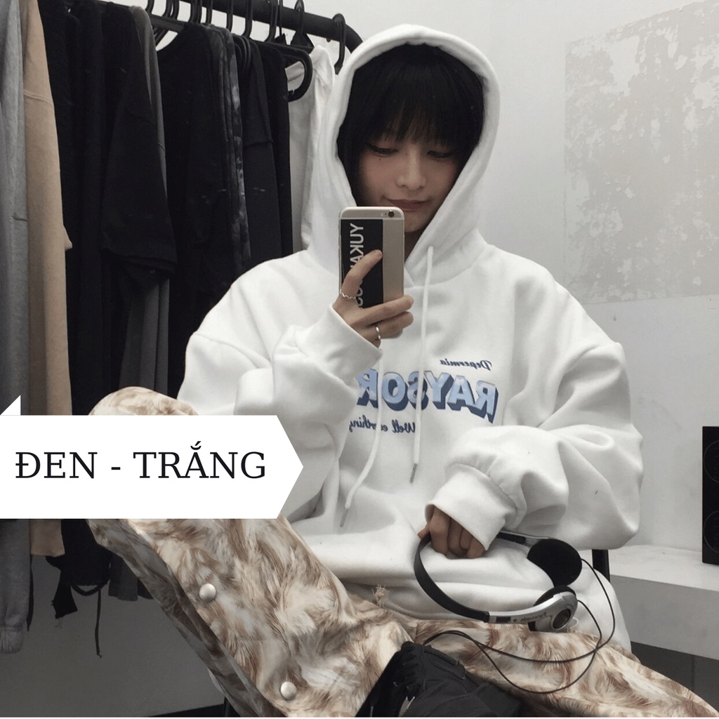 Áo hoodie nỉ basic hai màu đen trắng, áo nỉ có mũ dày dặn logo chữ RAYSORAN AHRAY | BigBuy360 - bigbuy360.vn