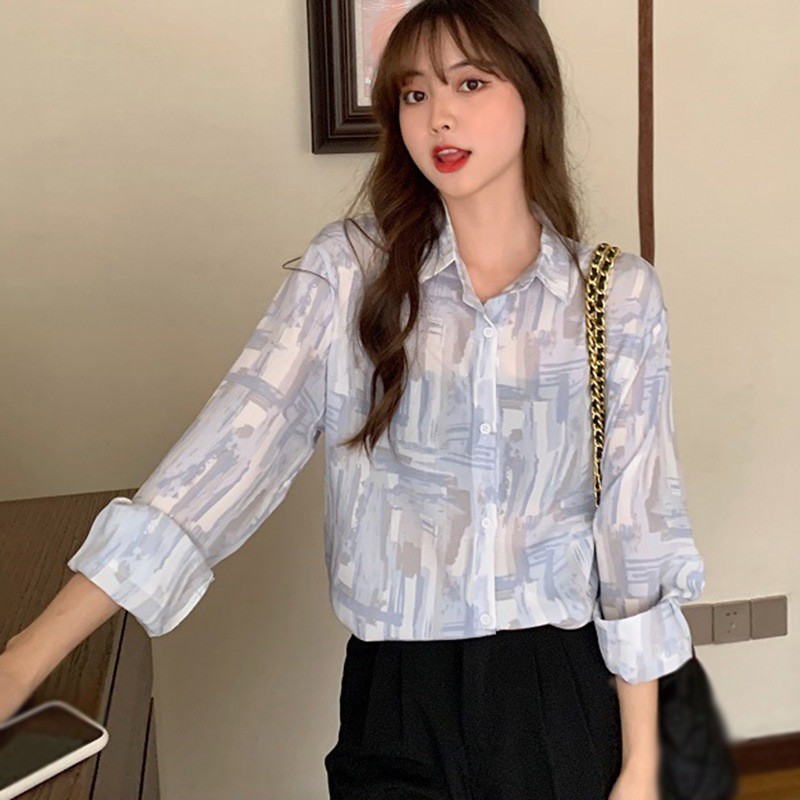 Áo sơ mi voan tay dài in họa tiết sơn dầu thời trang cho nữ