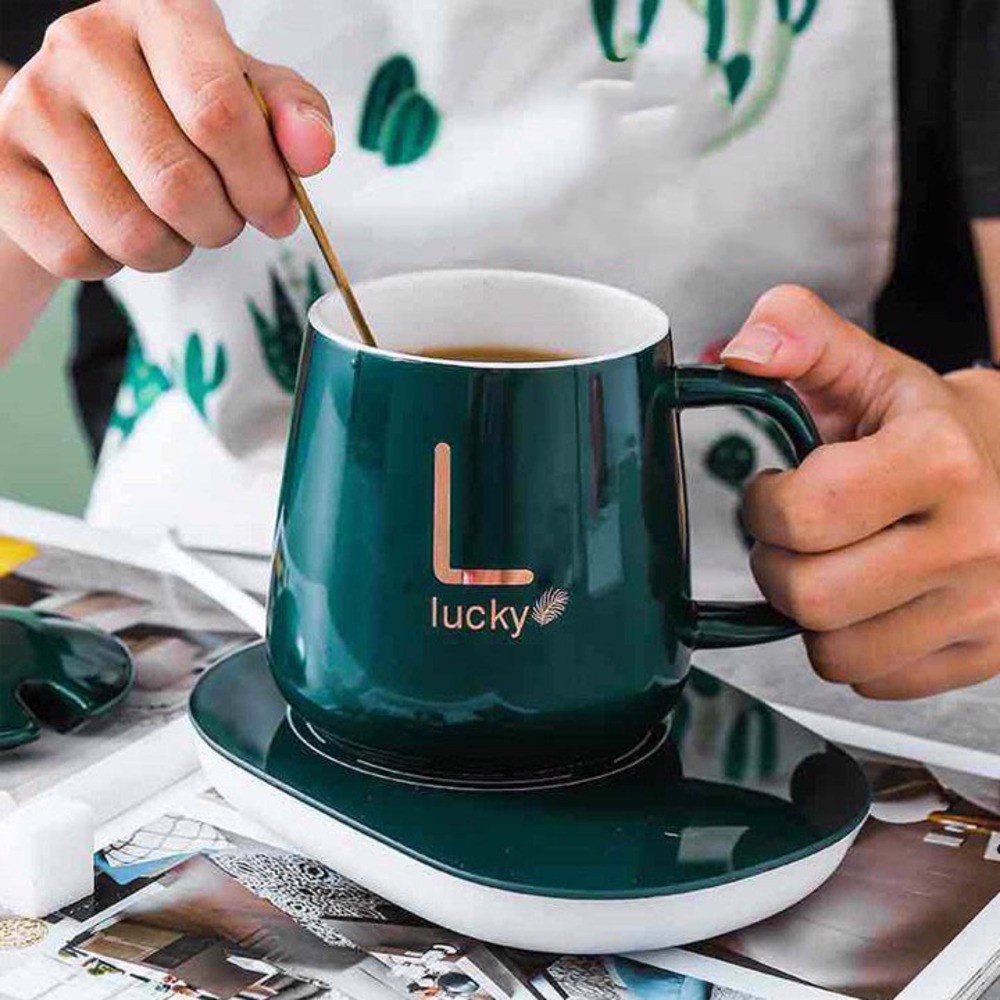 Bộ Cốc Ly Sứ Hâm Nóng Lucky Thông Minh Cao Cấp, Kèm Đế Điện Hâm Cafe, Sữa, Trà Tặng Kèm Thìa Mạ Vàng Tiện Lợi