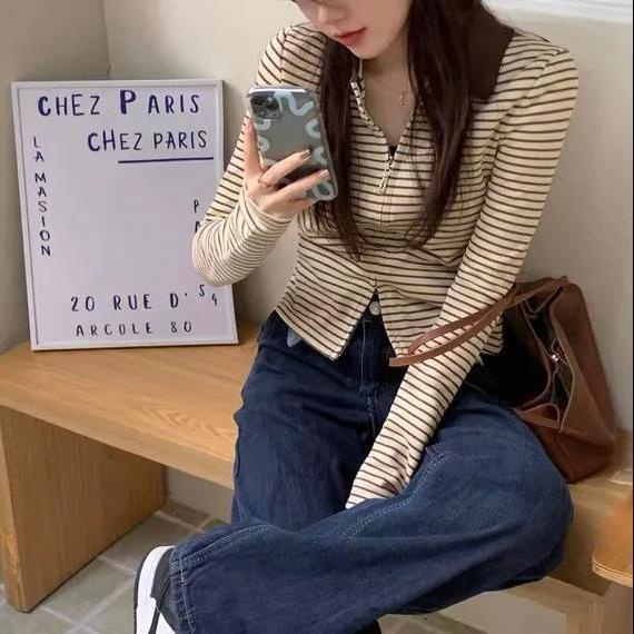 Áo thun cardigan tay dài kẻ sọc thời trang thu đông cho nữ 2021