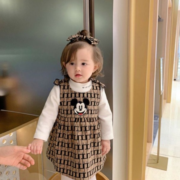 Váy nhung micky đeo nơ kèm áo cotton 4 chiều cho bé gái siêu xinh 1-5 tuổi