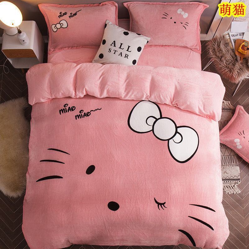 Set chăn ga gối Nỉ nhung Hello Kitty dày dặn.