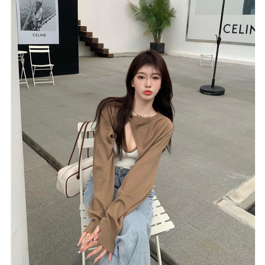 Set áo khoác cardigan ngắn dài tay + áo hai dây dệt kim màu tương phản thời trang cho nữ
