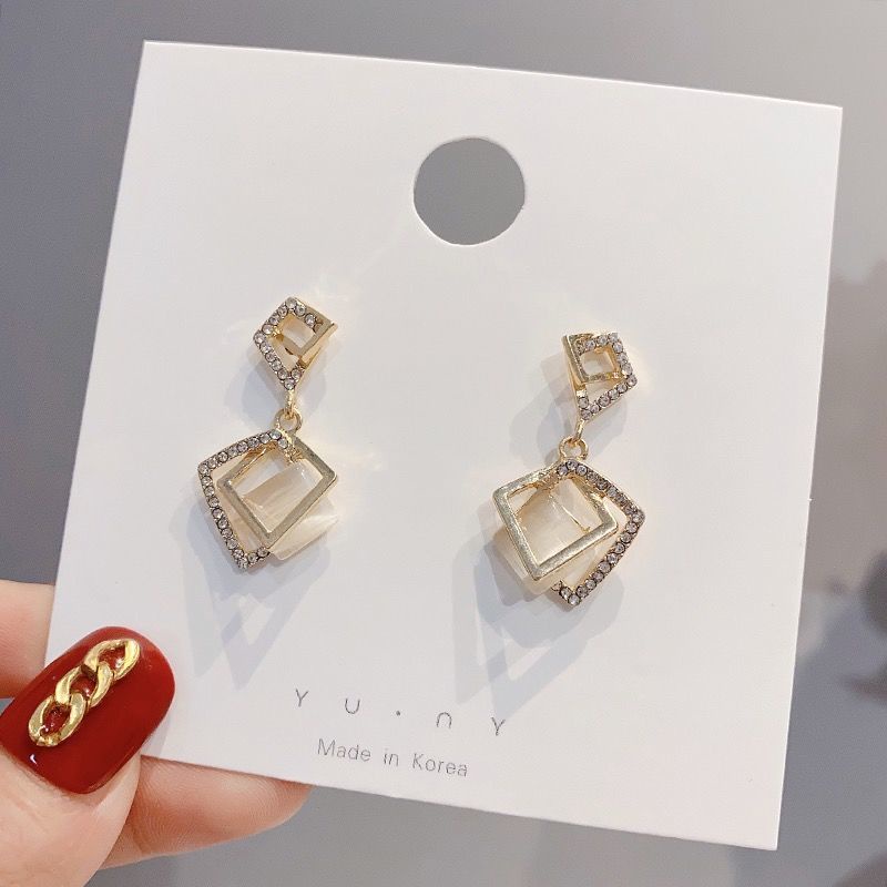 Bông Tai Đính Đá Opal Hình Học Đơn Giản Phong Cách Hàn Quốc