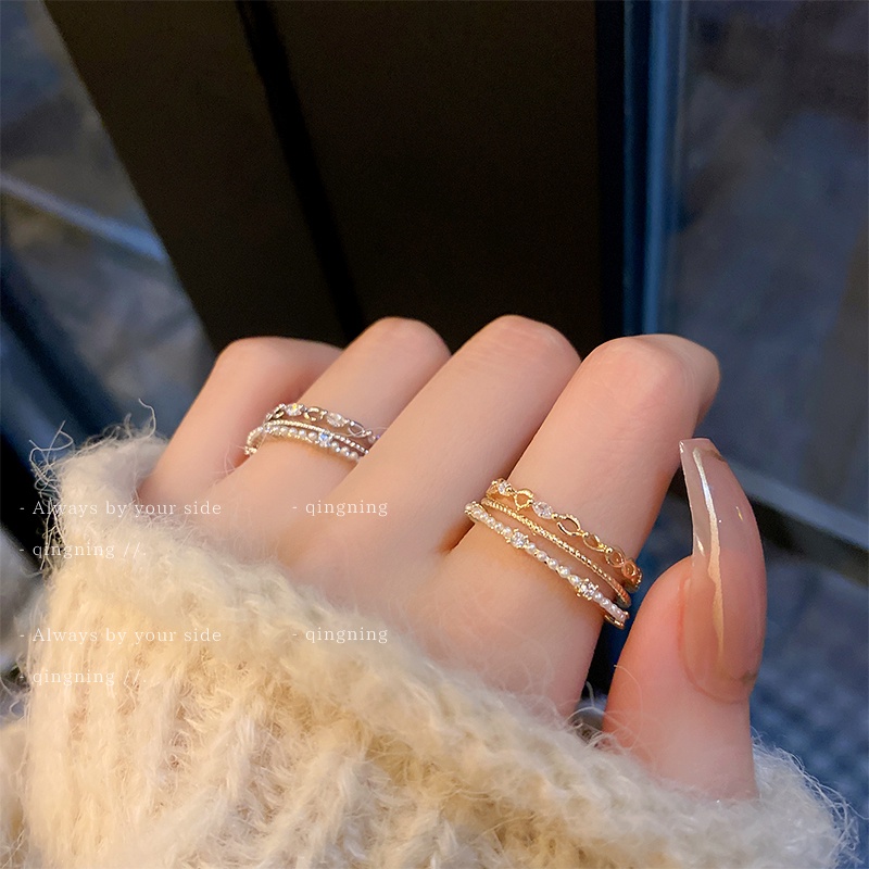 DREJEW Nhẫn nhiều lớp ngọc trai zircon khạm ngọc trai siêu nhỏ đơn giản phong cách Hàn Quốc thời trang