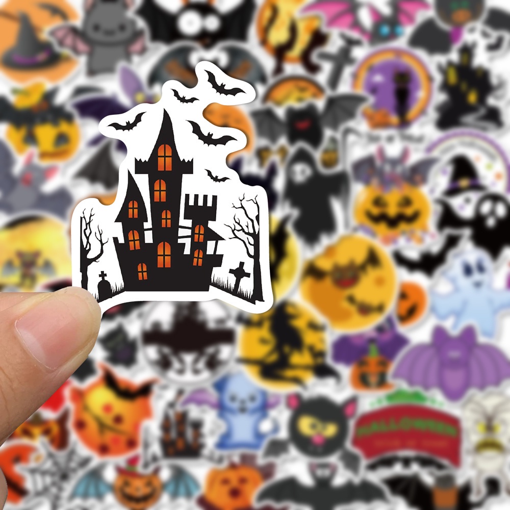 Set 50 chiếc sticker chống nước HALLOWEEN BÍ NGÔ VÀ PHÙ THỦY dán mũ bảo hiểm, vali, xe máy, đàn guitar, laptop