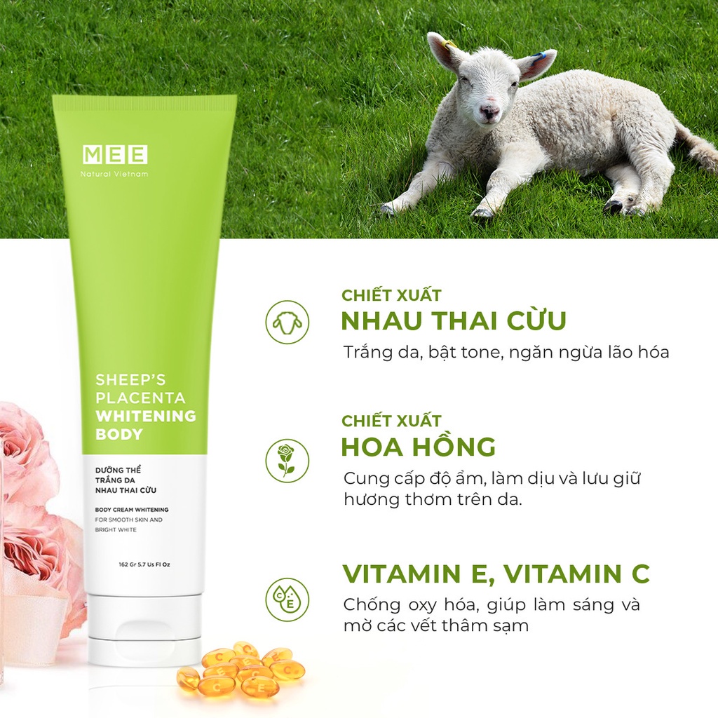 Kem body trắng da nhau thai cừu Mee Natural, nâng tone dưỡng da cấp ẩm 162g